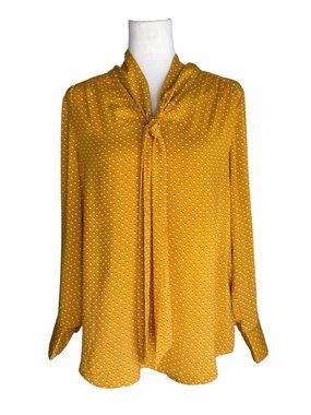 Dalia Women's Mustard Navy White Polka Dot Tie-Neck long sleeve Blouse Medium